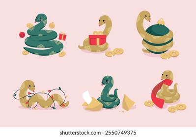 Collection of isolated cute snakes with Chinese New Year elements. Cartoon vector illustration.