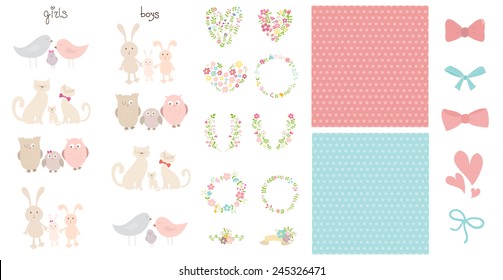 Collection of isolated cutest happy animals families, background, decoration elements. Girls and boys.Can be used for celebration postcard, baby shower invitation, scrapbooking, posters. 