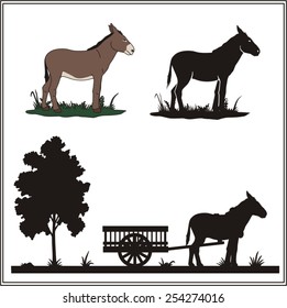 Collection Of Isolated Donkey With Cart In Profile And Silhouette. 