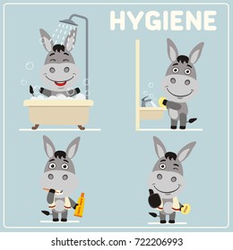 Collection isolated of donkey in cartoon style for rules of child hygiene: showering, washing hands, brushing teeth.