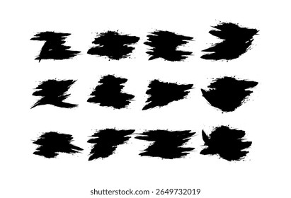 Sammlung von isolierten Texturen für trockene Pinselstriche in Schwarz. Handgezeichnete Tintenschmutzelemente mit rauen, farbigen und dynamischen Kanten. Perfekt für kreative Hintergründe, Overlays, Poster, digitale Kunst.