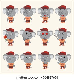 Collection of isolated elephant boy in clothes and cap in cartoon style.