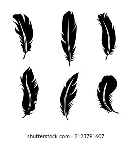 Collection of isolated feathers in black color, stencil, tattoo. Flat illustration