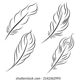 Collection of isolated feathers, stencil, tattoo. Black and white flat illustration.
