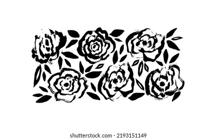 Collection isolated floral elements rose, grunge dry paint brush strokes on white background. Rose hand drawn paint vector set . Monochrome trendy botanical illustration