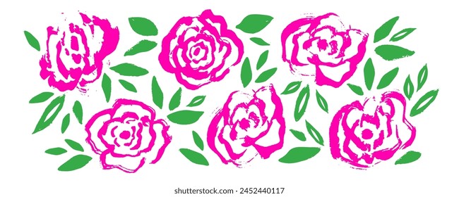 Collection isolated floral elements rose,  color dry paint brush strokes on white background. Rose hand drawn paint vector set . Multi colored trendy botanical illustration