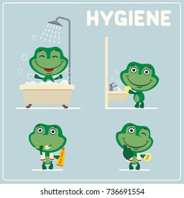 Collection of isolated frog in cartoon style for rules of child hygiene: showering, washing hands, brushing her teeth. 