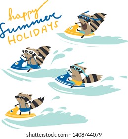 collection isolated funny cartoon raccoon on ski with HAPPY SUMMER HOLIDAY lettering for greeting cards, paperwork, kids fashion, home decoration