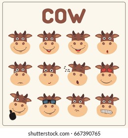 Collection isolated funny cow in different emotion.