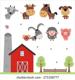 Collection of isolated funny farm animals and house on white background.