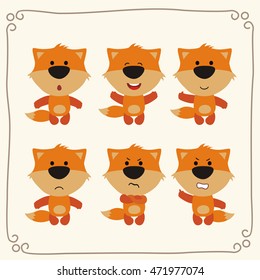 Collection of isolated funny fox in different emotions in cartoon style.
