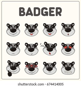 Collection of isolated funny muzzle badger with different emotion.