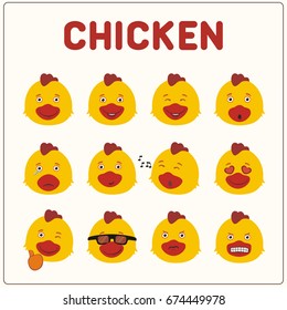 Collection isolated funny muzzle chicken with different emotion.