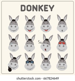 Collection isolated funny muzzle donkey with different emotion.