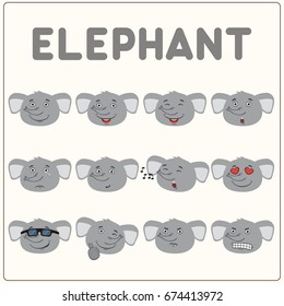 Collection of isolated funny muzzle elephant with different emotion.