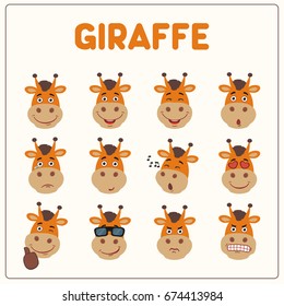 Collection of isolated funny muzzle giraffe with different emotion.