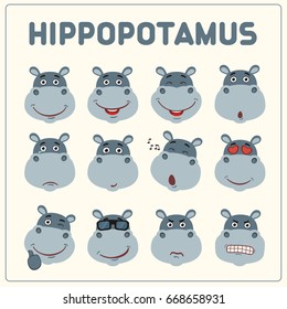 Collection isolated funny muzzle hippo with different emotion.