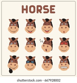 Collection isolated funny muzzle horse with different emotion.