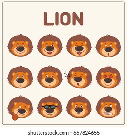 Collection isolated funny muzzle lion with different emotion.