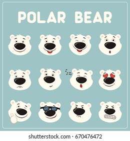 Collection isolated funny muzzle polar bear with different emotion.