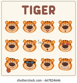 Collection isolated funny muzzle tiger with different emotion.