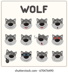 Collection isolated funny muzzle wolf with different emotion.