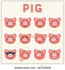 Collection isolated funny pig different emotion.