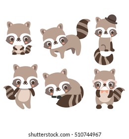 Collection isolated funny raccoon. Emotion little raccoon. Vector set cute raccoon. Cartoon raccoon in children style.