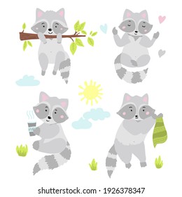 A collection of isolated funny raccoons. Emotions are a little raccoon. Cute raccoon vector set. Cartoon raccoon in the children's style.