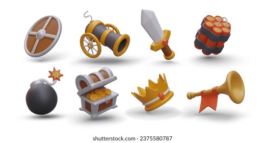 Colección de imágenes de juegos aisladas. Iconos de color vectorial. Escudo redondo 3D, cañón sobre ruedas, espada, dinamita, bomba, pecho con oro, corona, soplo. Ilustraciones para batallas de juego, competencias