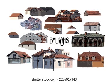 Collection of isolated and grouped small houses with red tiled roofs. Vector design elements on white background