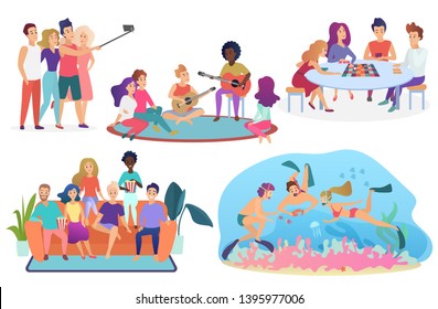 Collection of isolated groups of people spending leisure time together. Friends taking selfie, playing guitar, singing, playing chess, watching movie or TV, diving cartoon vector illustration.