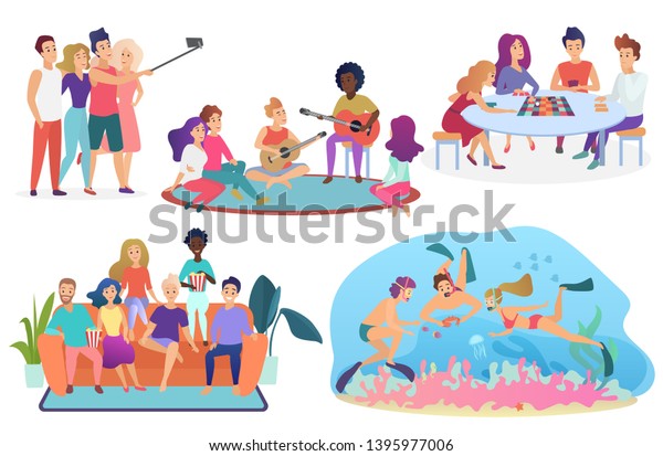 Collection Isolated Groups People Spending Leisure Royalty Free