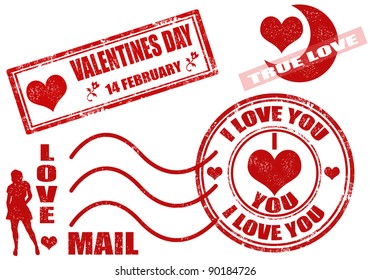 Collection of isolated grunge Valentine's Day stamps on white background
