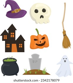 collection of isolated halloween elements, spooky halloween pumpkin, broom, skull, ghost, halloween spooky house
