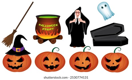 Collection of isolated Halloween icons for use in artwork and decoration.