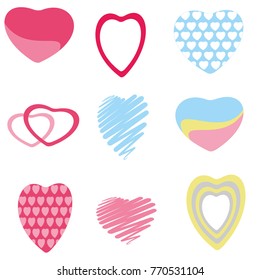 Collection of isolated hand drawn hearts in different colors. Design for Valentine