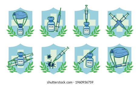 Collection of isolated, hand drawn, simple vectors related to getting vaccinated, vaccination, syringes, improving the immune system, with a shield at the back and leafy green decoration.