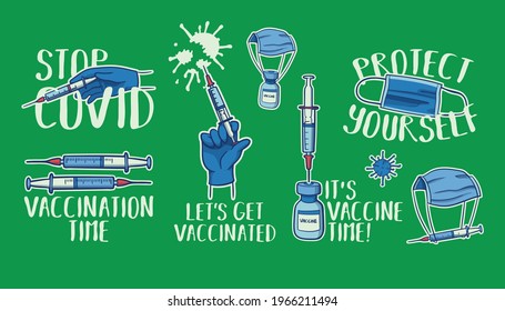 Collection of isolated, hand drawn, simple vectors with short text slogans related to getting vaccinated for covid and improving the immune system.