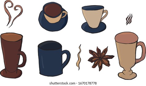 Collection isolated hand-drawn: set of different coffee cups, mugs and star anise. In close to natural colors: blue, brown, beige, white. It is possible to apply in interior design coffee houses, caf