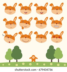 Collection isolated heads of bunny rabbit in different emotion and his body on meadow with trees.