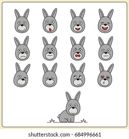 Collection isolated heads of bunny rabbit in cartoon style on white background.