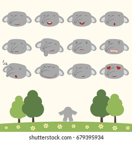 Collection isolated heads of elephant in different emotion and his body on meadow with trees.