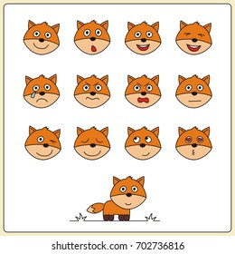Collection of isolated heads of fox in cartoon style on white background.
