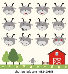 Collection isolated heads of goat in different emotion and body on meadow with trees.