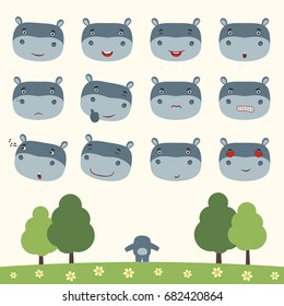Collection isolated heads of hippo in different emotion and body on meadow with trees.