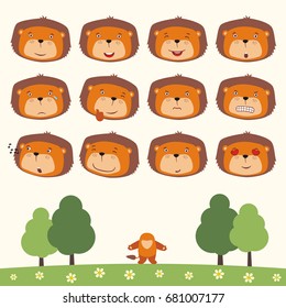 Collection isolated heads of lion in different emotion and his body on meadow with trees.