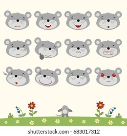 Collection isolated heads of mouse in different emotion and body on meadow with flowers.