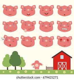 Collection isolated heads of pig in different emotion and his body on meadow with trees.