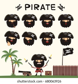 Collection isolated heads of pirates in different emotion and his body.